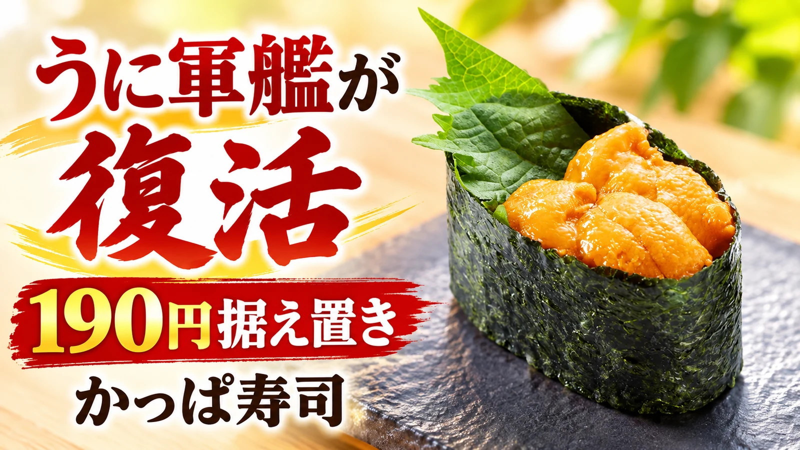 かっぱ寿司 うに軍艦 うに軍艦が約2か月ぶり復活 190円据え置き、今回は倍盛も340円で